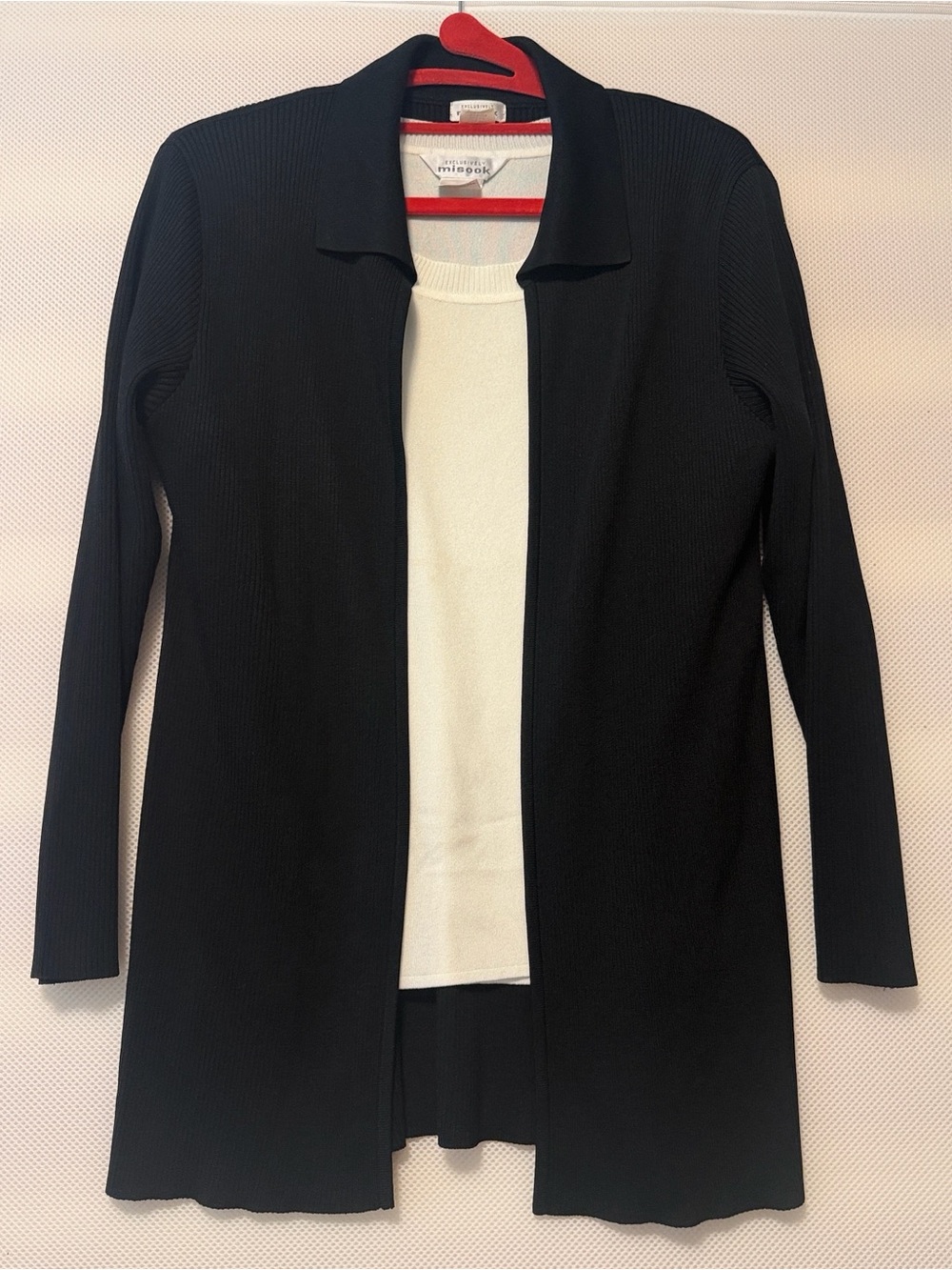 Misook Black Collared Blazer Jacket & Cream Short Sleeves Blouse Set L